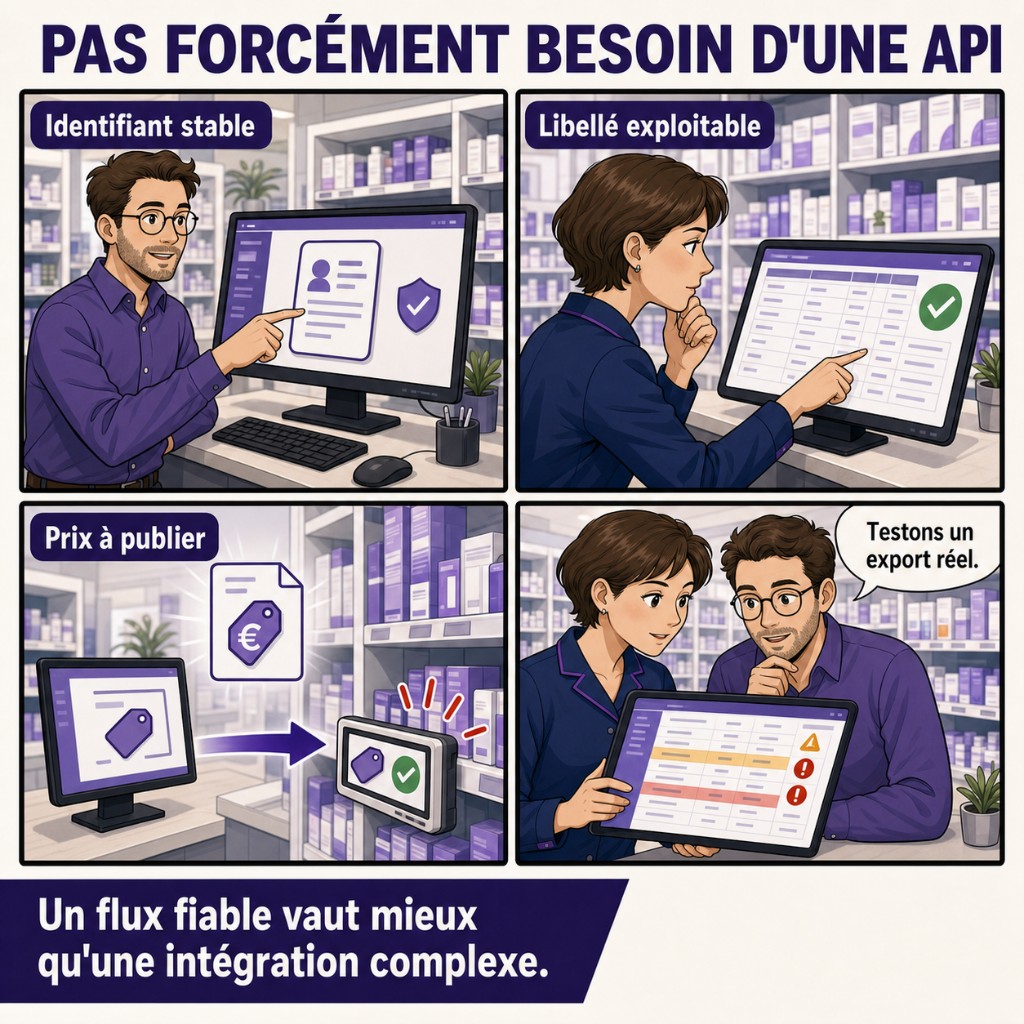 Pas forcément besoin d'une API — un flux fiable avec identifiant, libellé et prix